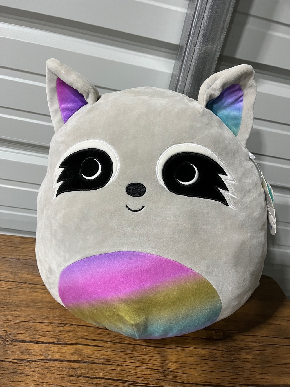 Squishmallows Gray Raccoon Pillow with Pink, Purple, Green, Blue Rainbow